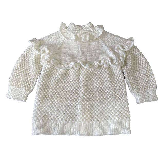 Saniye, Hand Knitted,Baby,Turtleneck Neckline Spring White Button up Pink Floral - Image 3