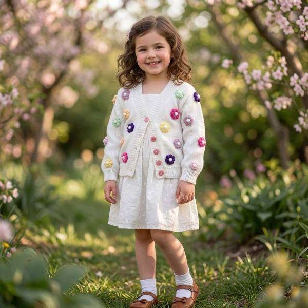 SANIYE Girls Floral Applique Knit Sweater