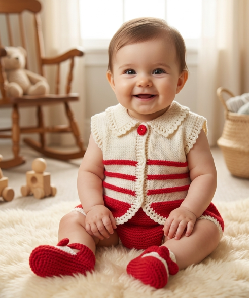 SANIYE Baby Girls Red & White Striped Knit Romper & Socks Set