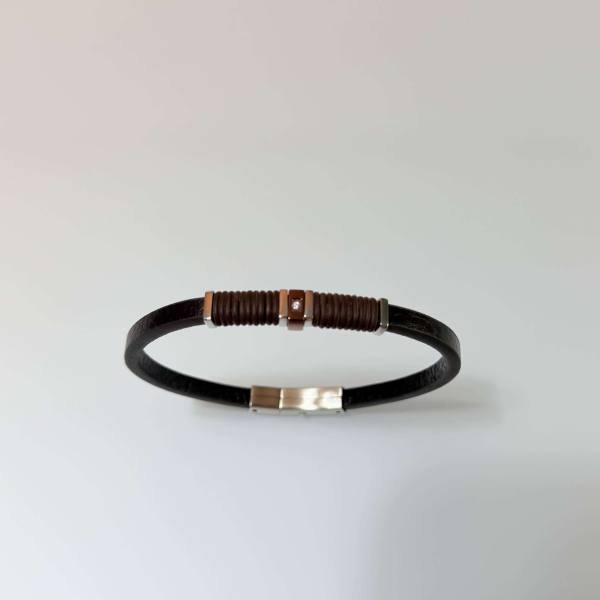 SANIYE Men's Slim Black Leather Bracelet with Brown Wrap & Rose Gold Crystal Bead 4 SANIYE Men's Slim Black Leather Bracelet with Brown Wrap & Rose Gold Crystal Bead - Image 4