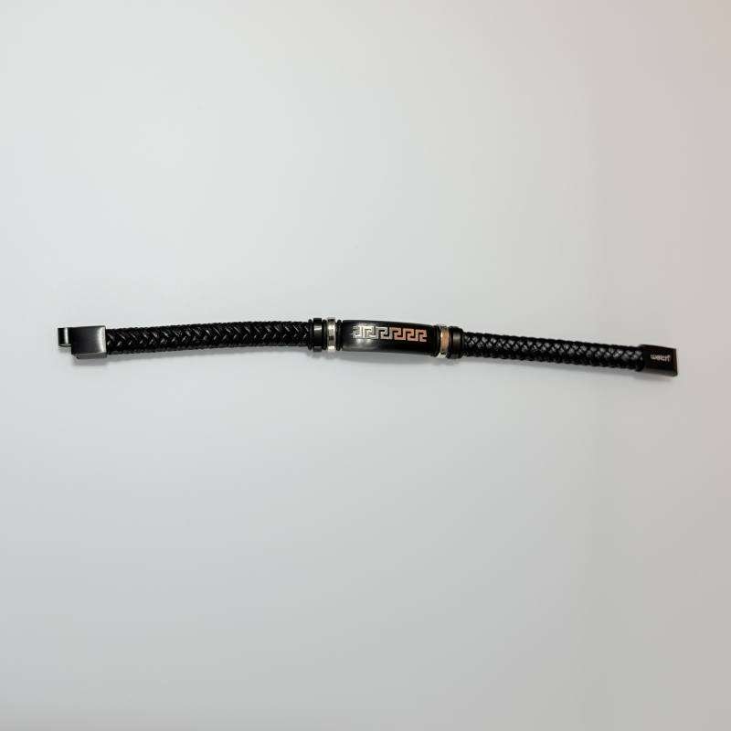 SANIYE Men's Black Braided Leather Bracelet with Greek Key Engraved Bar 2 IMG 7076