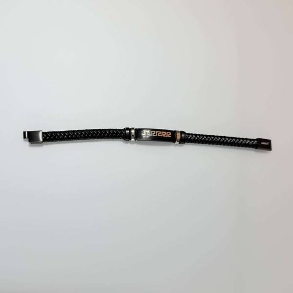 SANIYE Men's Black Braided Leather Bracelet with Greek Key Engraved Bar 3 SANIYE Men's Black Braided Leather Bracelet with Greek Key Engraved Bar - Image 3