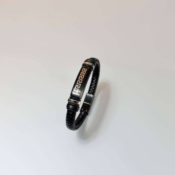 SANIYE Men's Black Braided Leather Bracelet with Greek Key Engraved Bar 2 SANIYE Men's Black Braided Leather Bracelet with Greek Key Engraved Bar - Image 2
