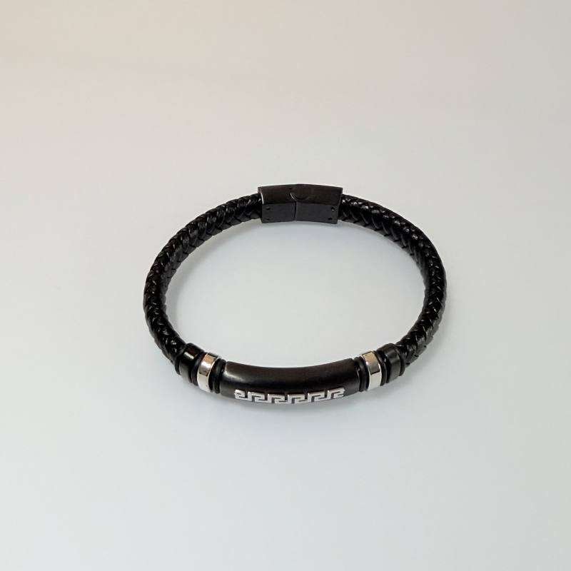 SANIYE Men's Black Braided Leather Bracelet with Greek Key Engraved Bar 4 IMG 7078