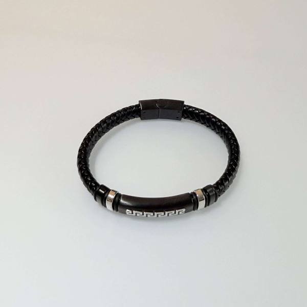 SANIYE Men's Black Braided Leather Bracelet with Greek Key Engraved Bar 5 SANIYE Men's Black Braided Leather Bracelet with Greek Key Engraved Bar - Image 5
