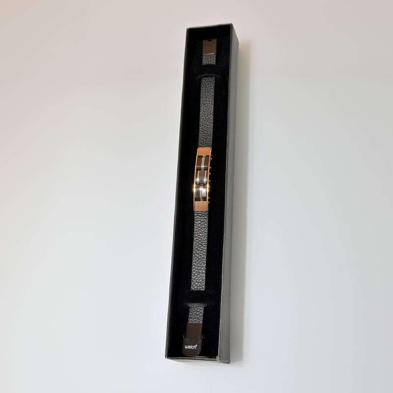 SANIYE Men's Black Flat Leather Bracelet with Rose Gold Frame & Barrel Beads 2 IMG 7079