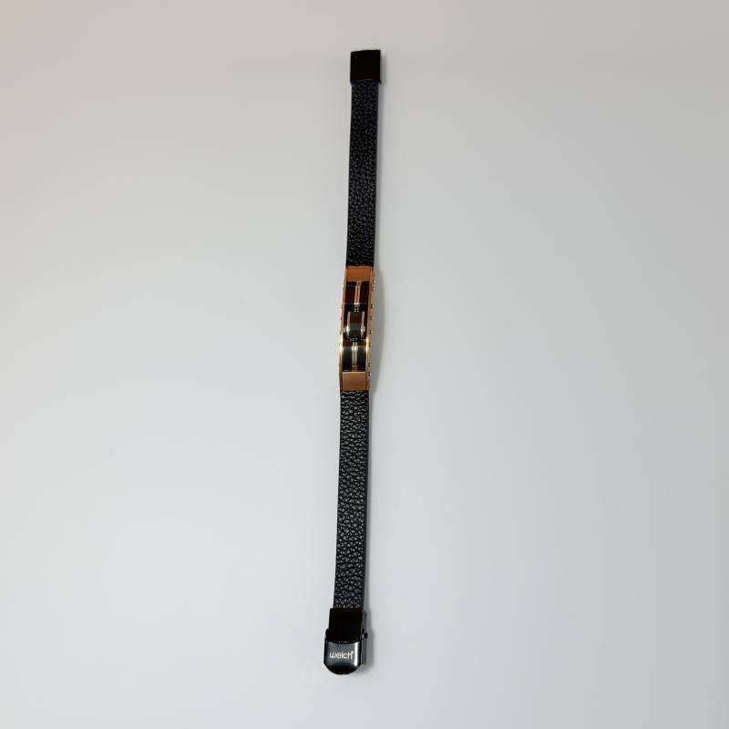 SANIYE Men's Black Flat Leather Bracelet with Rose Gold Frame & Barrel Beads 3 IMG 7080