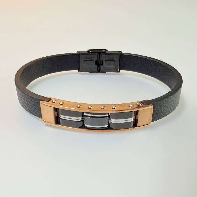 SANIYE Men's Black Flat Leather Bracelet with Rose Gold Frame & Barrel Beads 4 IMG 7082