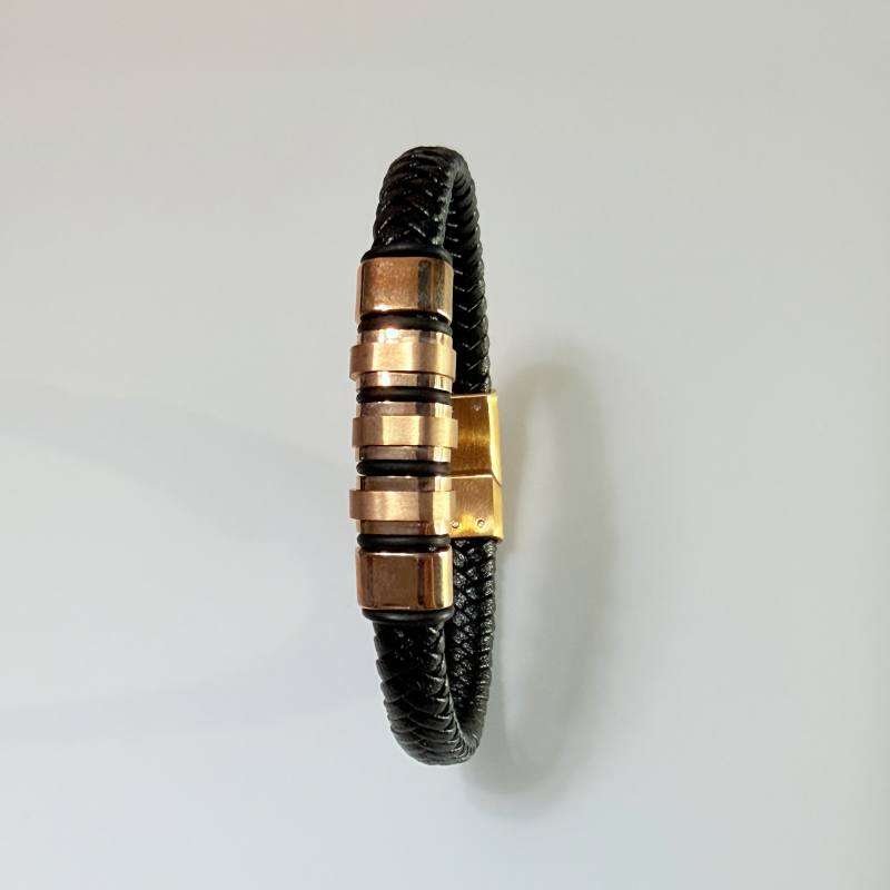 SANIYE Men's Black Braided Leather Bracelet with Rose Gold Cylinder Beads 3 IMG 7092