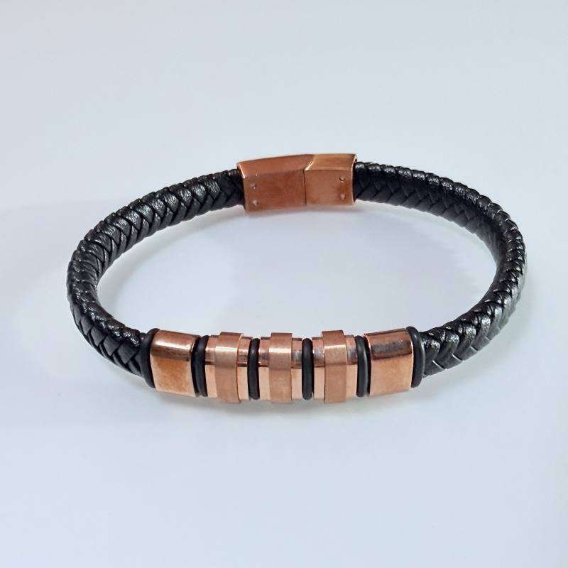 SANIYE Men's Black Braided Leather Bracelet with Rose Gold Cylinder Beads 4 IMG 7093