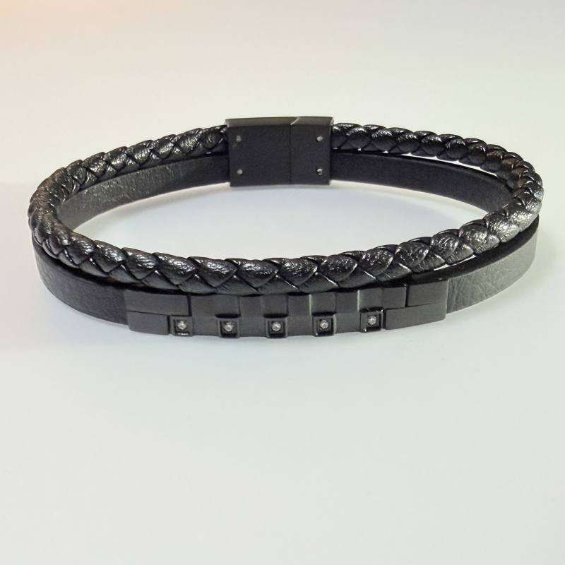 SANIYE Men's Double-Strand All-Black Leather Bracelet with Crystal Accents 2 IMG 7099