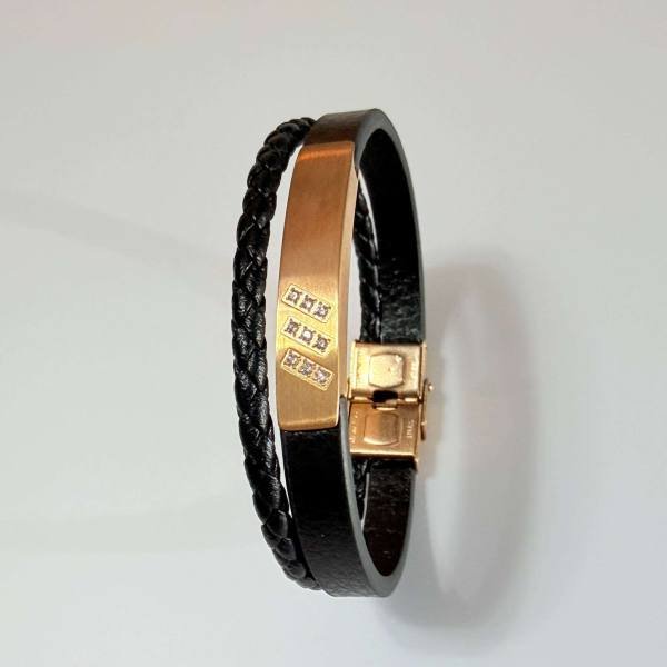 SANIYE Men's Black Braided Leather Bracelet with Rose Gold Diamond Plate 5 SANIYE Men's Black Braided Leather Bracelet with Rose Gold Diamond Plate - Image 5