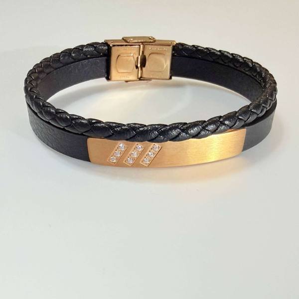SANIYE Men's Black Braided Leather Bracelet with Rose Gold Diamond Plate 4 SANIYE Men's Black Braided Leather Bracelet with Rose Gold Diamond Plate - Image 4