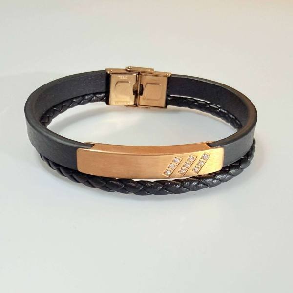 SANIYE Men's Black Braided Leather Bracelet with Rose Gold Diamond Plate 3 SANIYE Men's Black Braided Leather Bracelet with Rose Gold Diamond Plate - Image 3