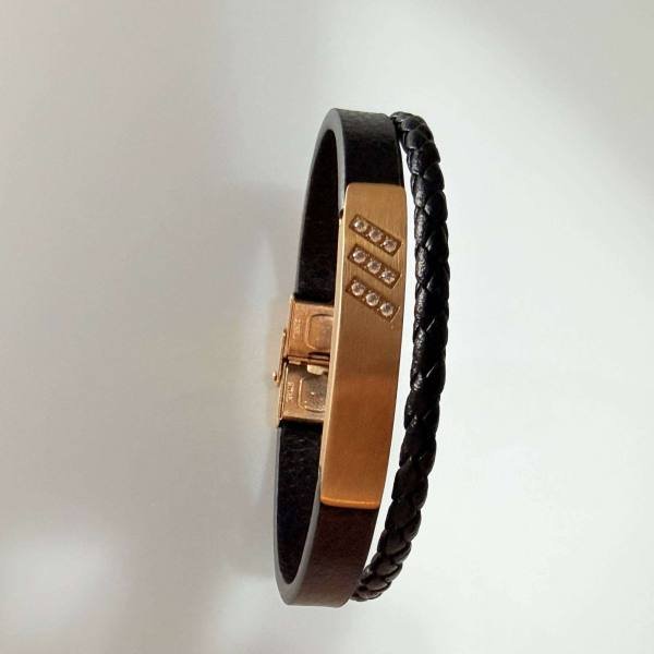 SANIYE Men's Black Braided Leather Bracelet with Rose Gold Diamond Plate 2 SANIYE Men's Black Braided Leather Bracelet with Rose Gold Diamond Plate - Image 2
