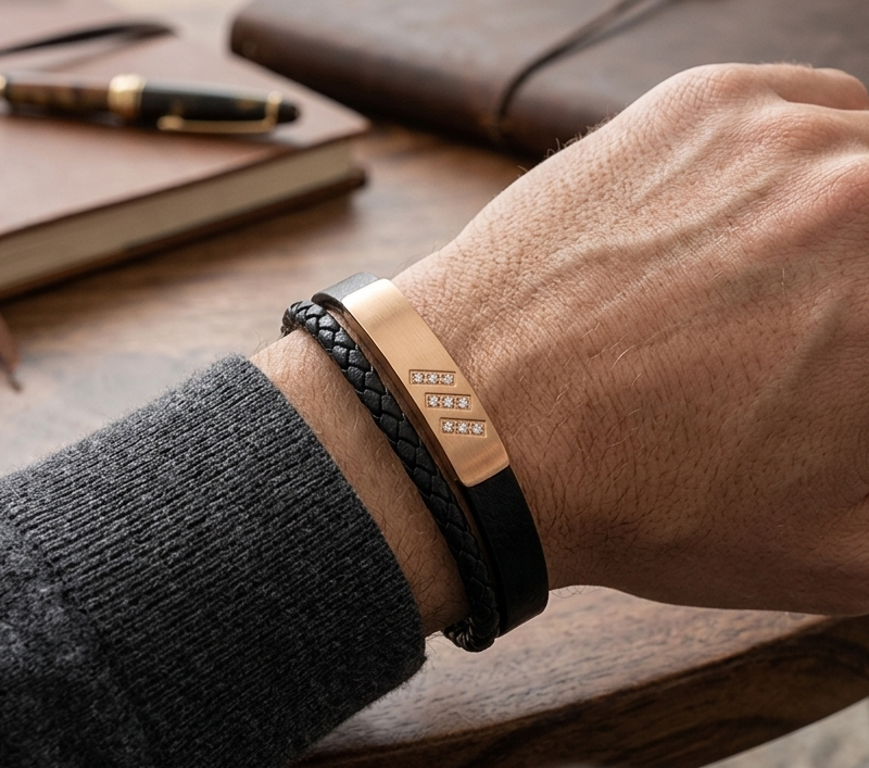 SANIYE Men's Black Braided Leather Bracelet with Rose Gold Diamond Plate