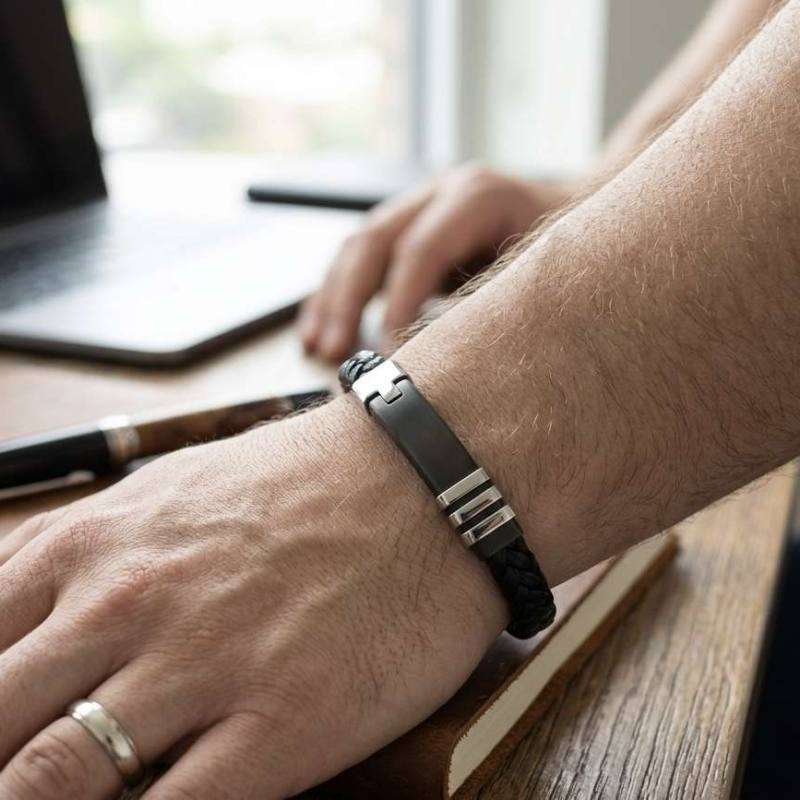 SANIYE Men's Black Braided Leather Bracelet with Black Plate & Silver Accents