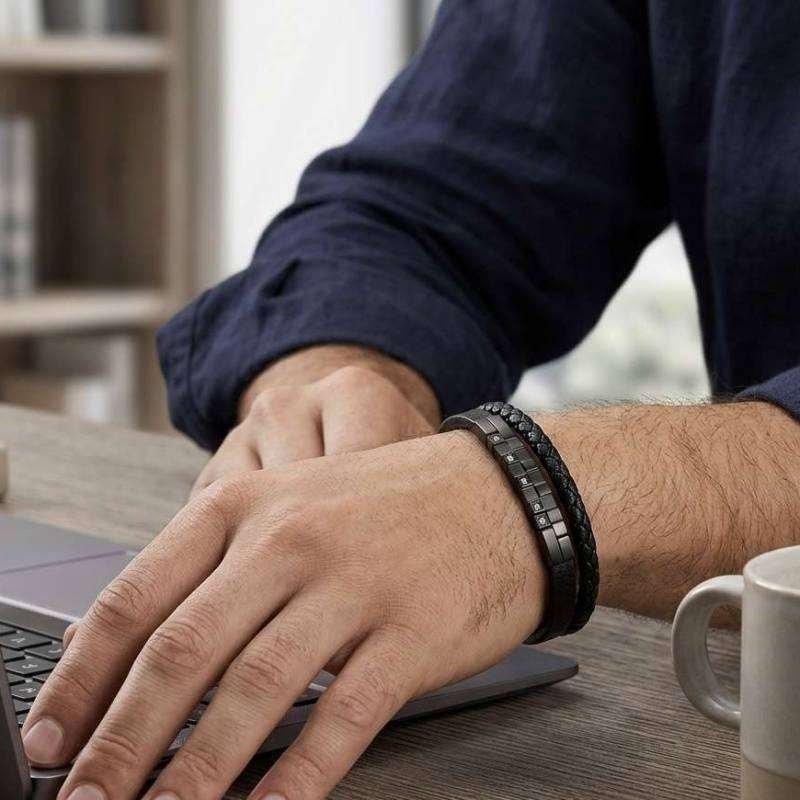 SANIYE Men's Double-Strand All-Black Leather Bracelet with Crystal Accents