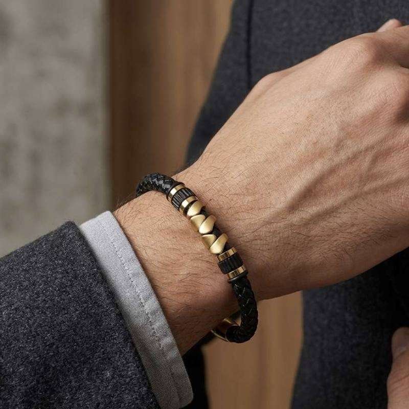 SANIYE Men's Dark Brown Braided Leather Bracelet with Gold Bead Accents