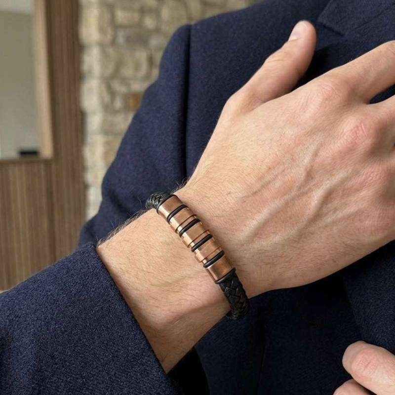 SANIYE Men's Black Braided Leather Bracelet with Rose Gold Cylinder Beads