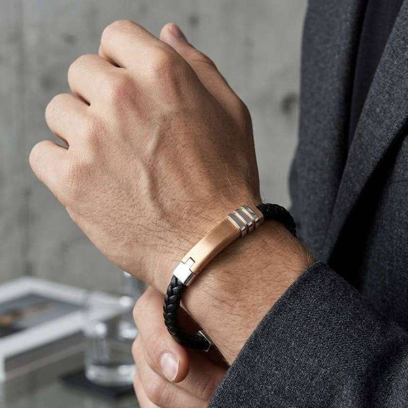 SANIYE Men's Black Braided Leather Bracelet with Rose Gold Bar & Silver Ridge Accents