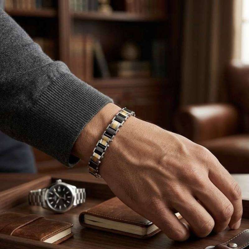 SANIYE Men's Silver Black Gold Tri-Color Stainless Steel Link Bracelet