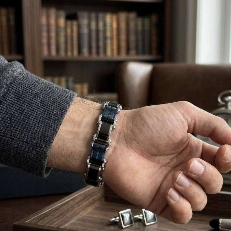 SANIYE Men's Silver Black Blue Stainless Steel Link Bracelet