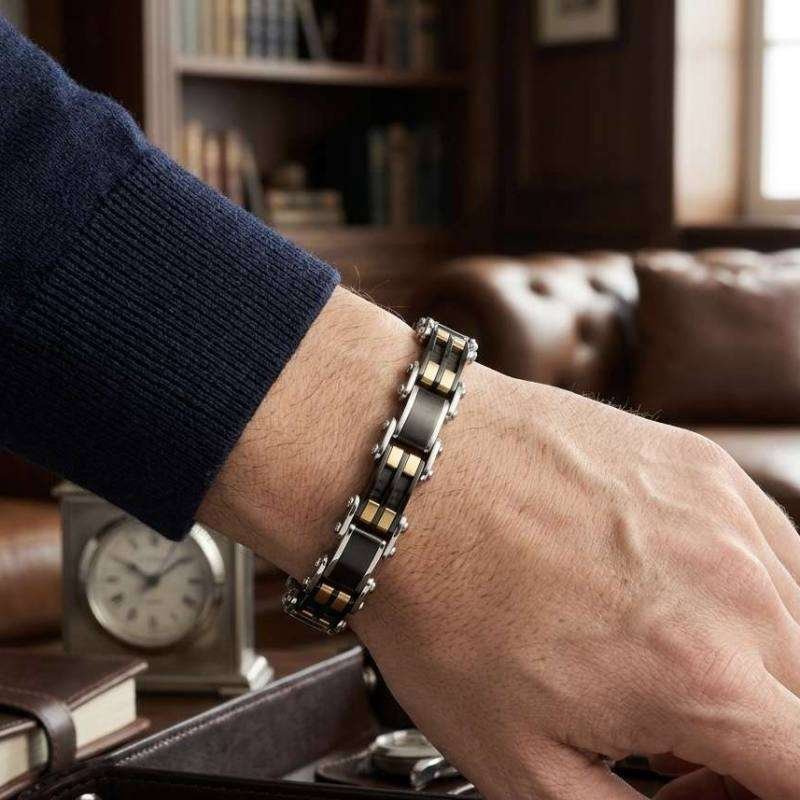 SANIYE Men's Black & Gold Stainless Steel Link Bracelet