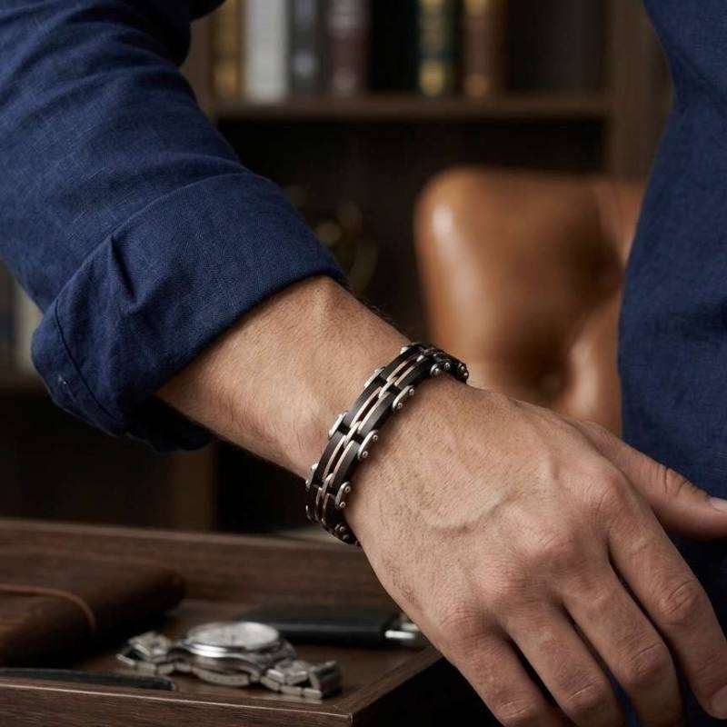 SANIYE Men's Black Rose Gold Stainless Steel Link Bracelet