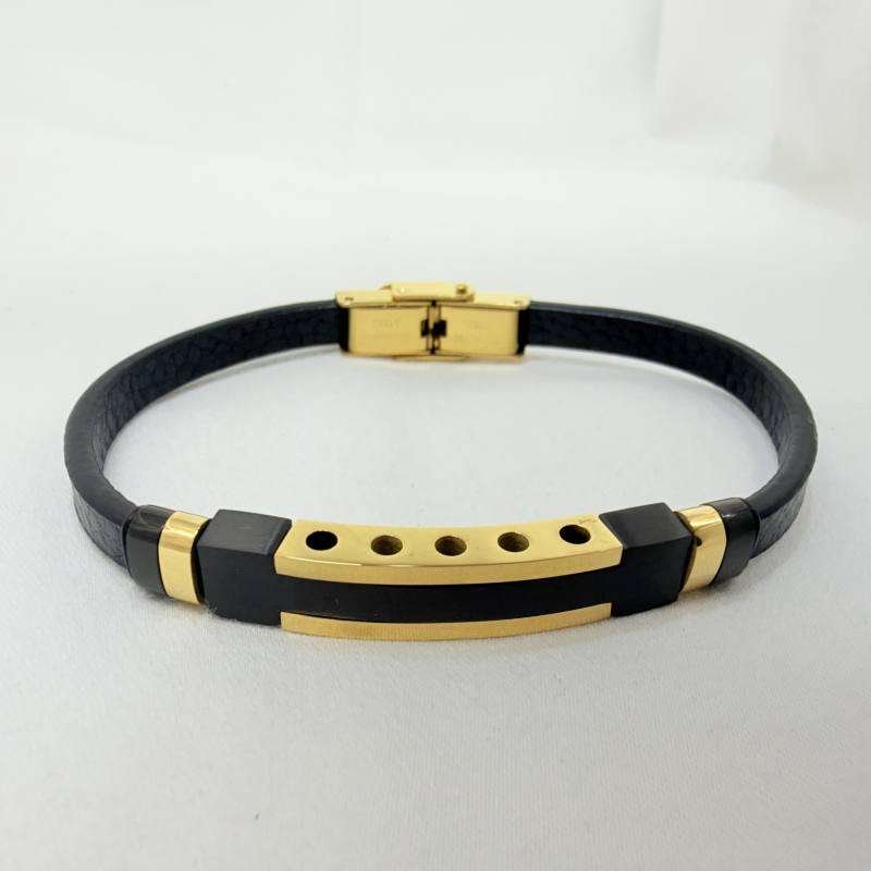 SANIYE Men's Black Leather Bracelet with Gold Punched ID Plate