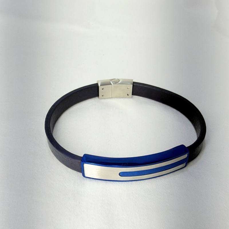SANIYE Men's Black Leather Bracelet with Blue & Silver ID Plate