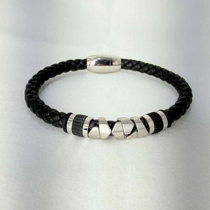SANIYE Men's Black Braided Leather Bracelet with Silver X & Barrel Beads