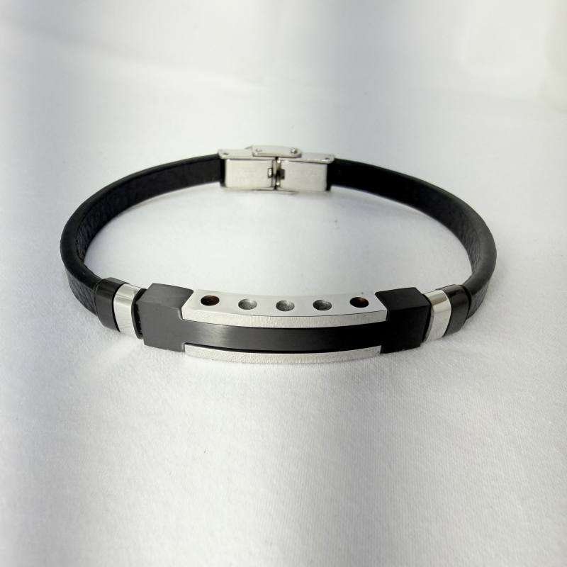 SANIYE Men's Black Leather Bracelet with Silver Pinstripe ID Plate