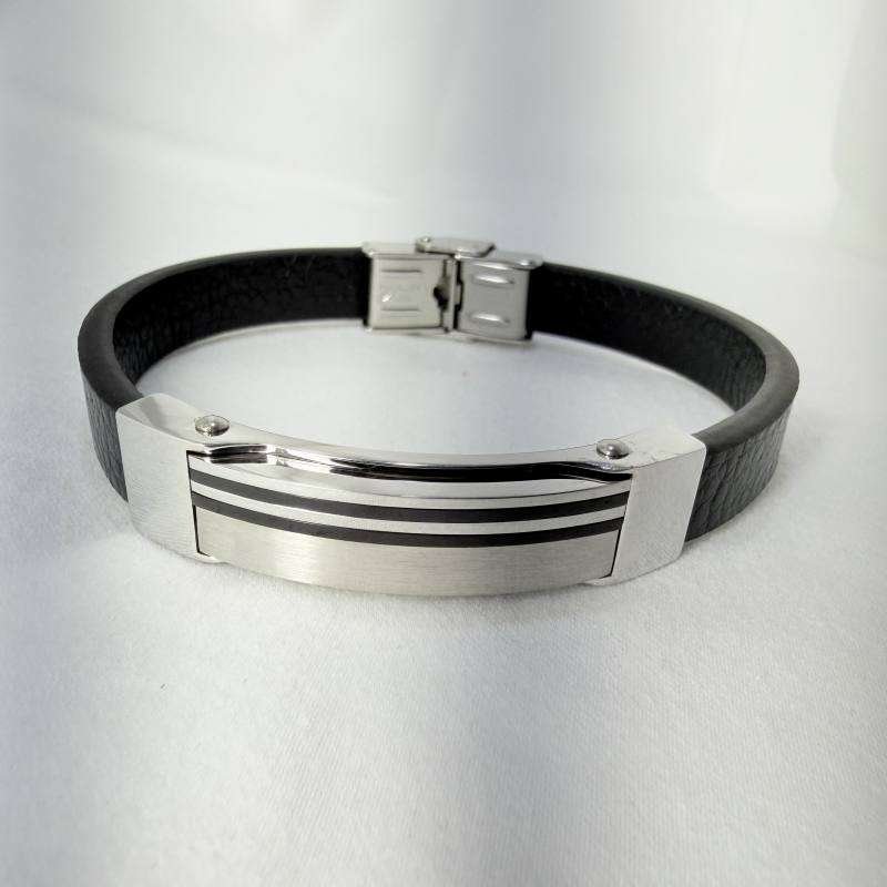 SANIYE Men's Black Leather Bracelet with Two-Tone Punched ID Plate