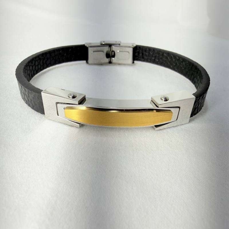 SANIYE Men's Black Leather Bracelet with Silver & Gold ID Plate