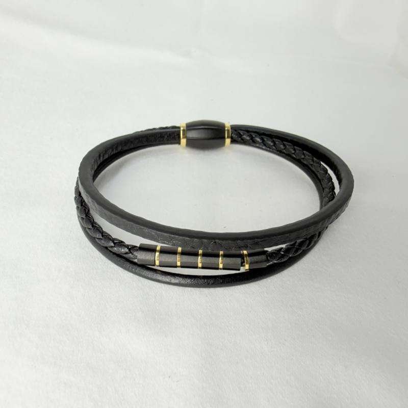 SANIYE Men's Triple-Strand Black Leather Bracelet with Black & Gold Clasp